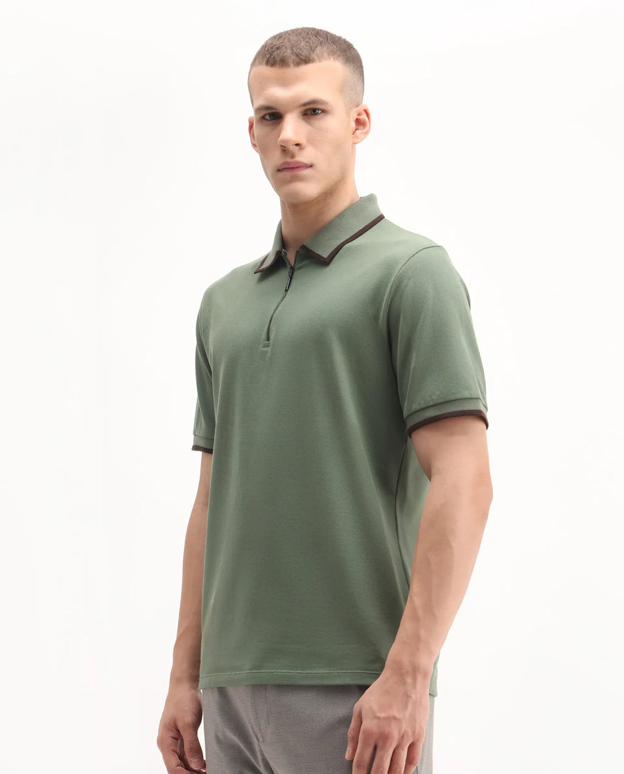 Rare Rabbit Men's Trog Dark Green Cotton Blend Plain Regular Fit Half Sleeve Polo
