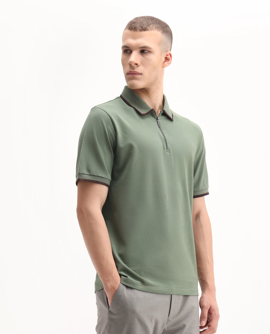 Rare Rabbit Men's Trog Dark Green Cotton Blend Plain Regular Fit Half Sleeve Polo