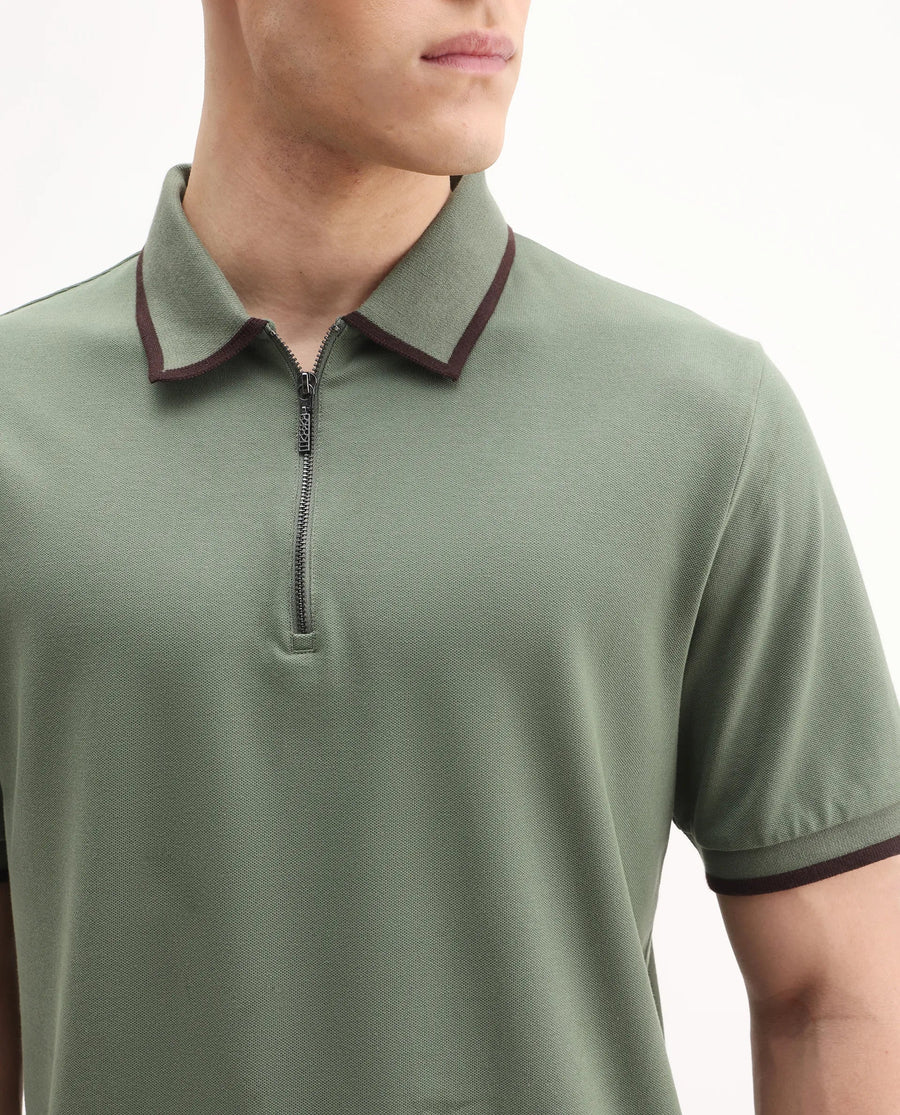 Rare Rabbit Men's Trog Dark Green Cotton Blend Plain Regular Fit Half Sleeve Polo