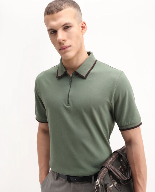 Rare Rabbit Men's Trog Dark Green Cotton Blend Plain Regular Fit Half Sleeve Polo