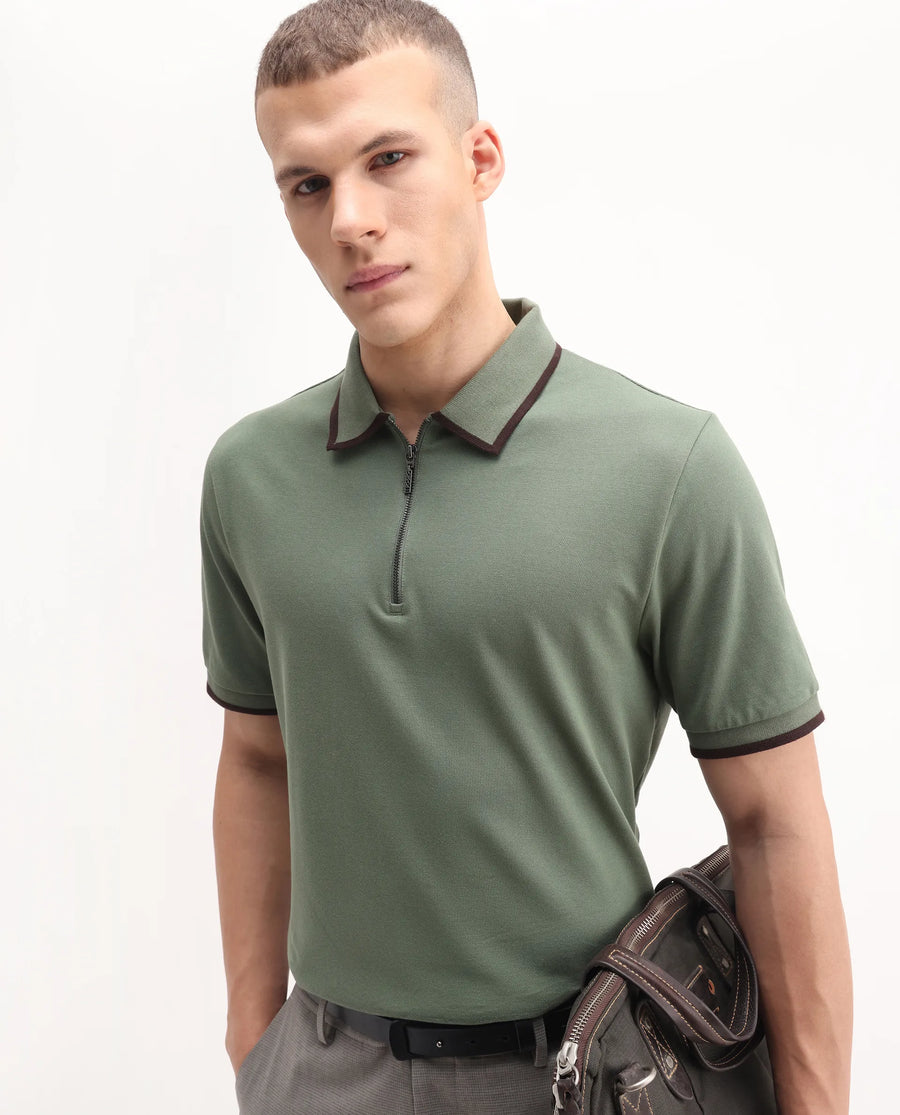 Rare Rabbit Men's Trog Dark Green Cotton Blend Plain Regular Fit Half Sleeve Polo