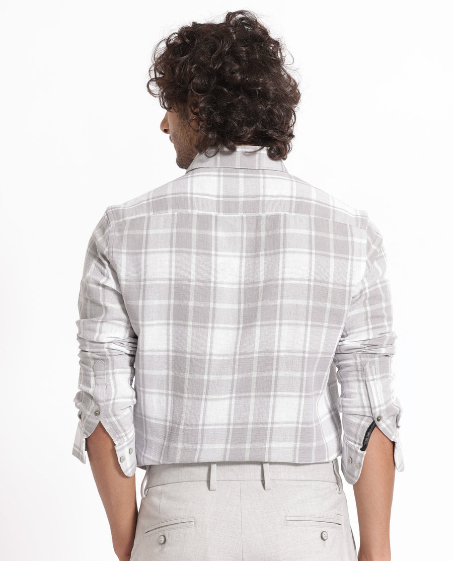Rare Rabbit Men's Tropea Light Grey Cotton Checked Print Regular Fit Full Sleeve Collared Shirt