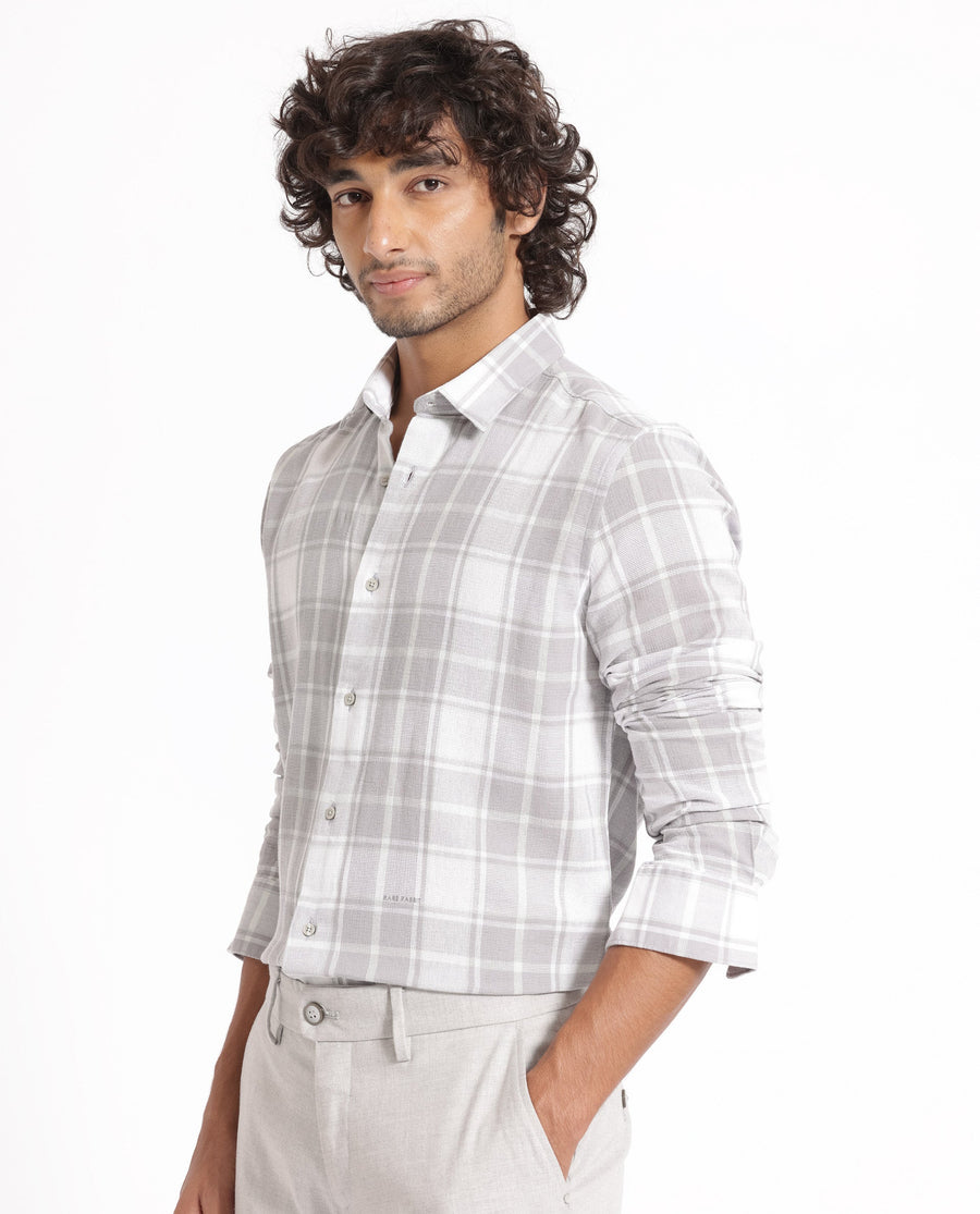 Rare Rabbit Men's Tropea Light Grey Cotton Checked Print Regular Fit Full Sleeve Collared Shirt
