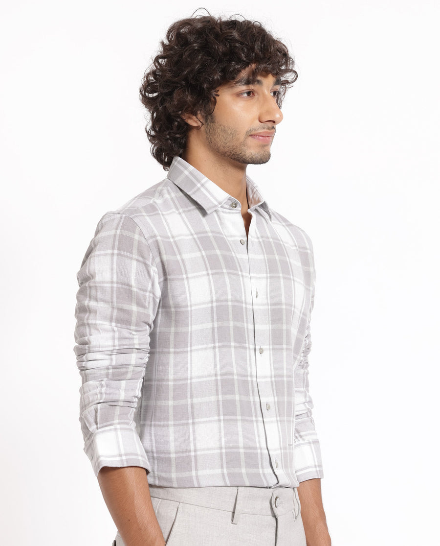 Rare Rabbit Men's Tropea Light Grey Cotton Checked Print Regular Fit Full Sleeve Collared Shirt
