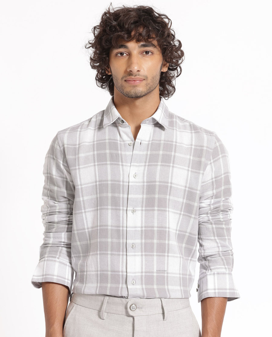 Rare Rabbit Men's Tropea Light Grey Cotton Checked Print Regular Fit Full Sleeve Collared Shirt