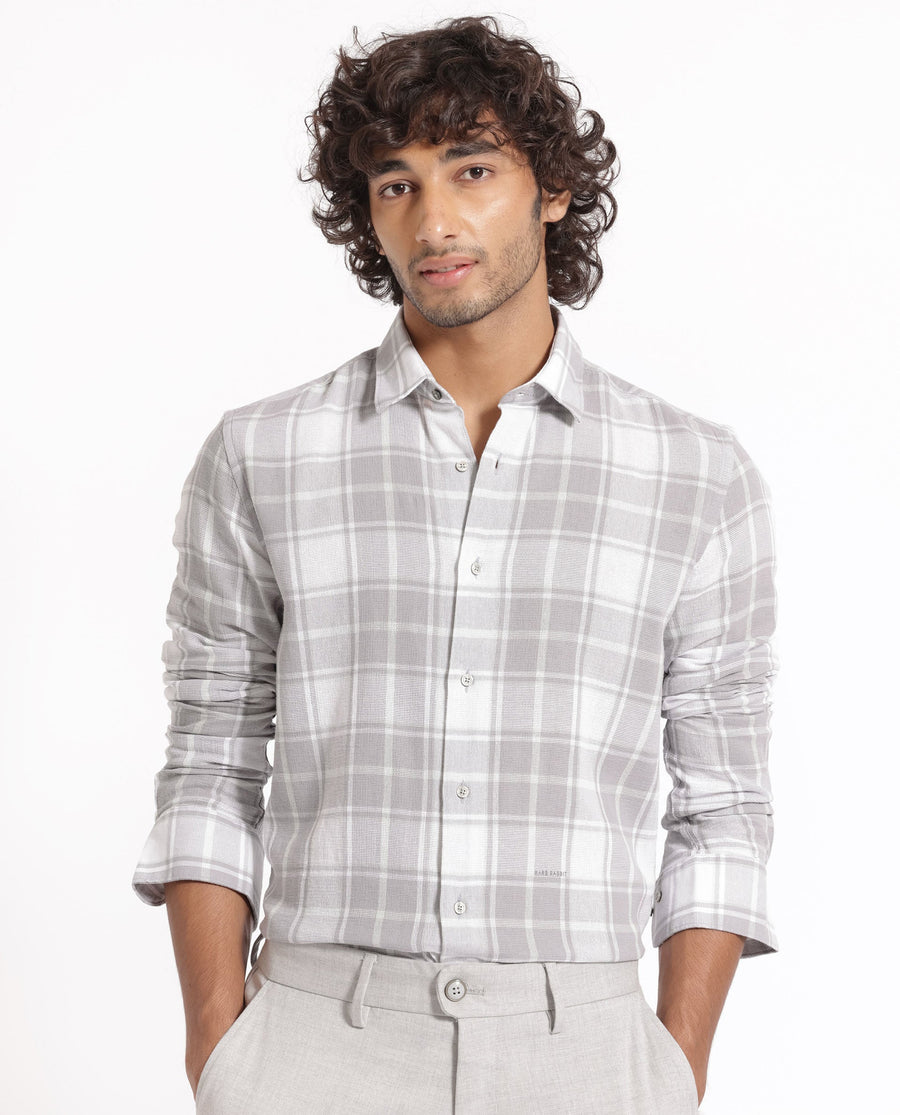 Rare Rabbit Men's Tropea Light Grey Cotton Checked Print Regular Fit Full Sleeve Collared Shirt