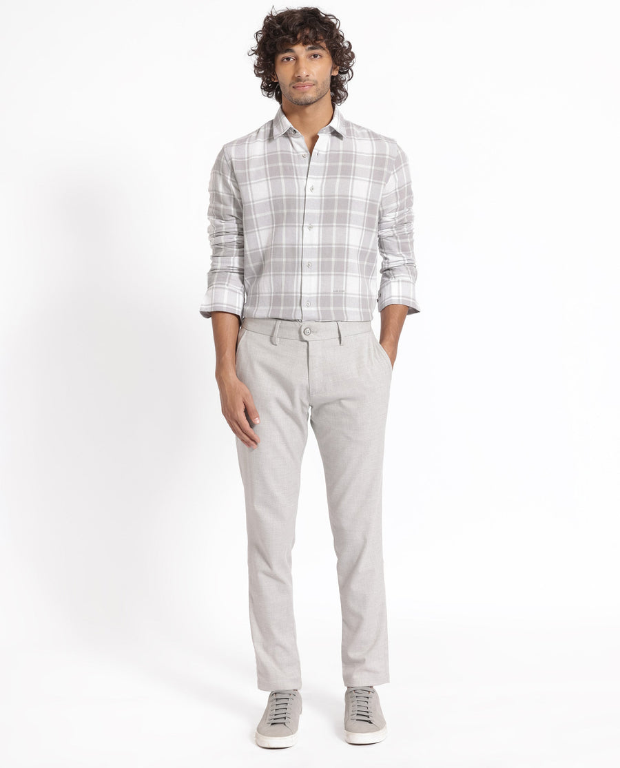 Rare Rabbit Men's Tropea Light Grey Cotton Checked Print Regular Fit Full Sleeve Collared Shirt