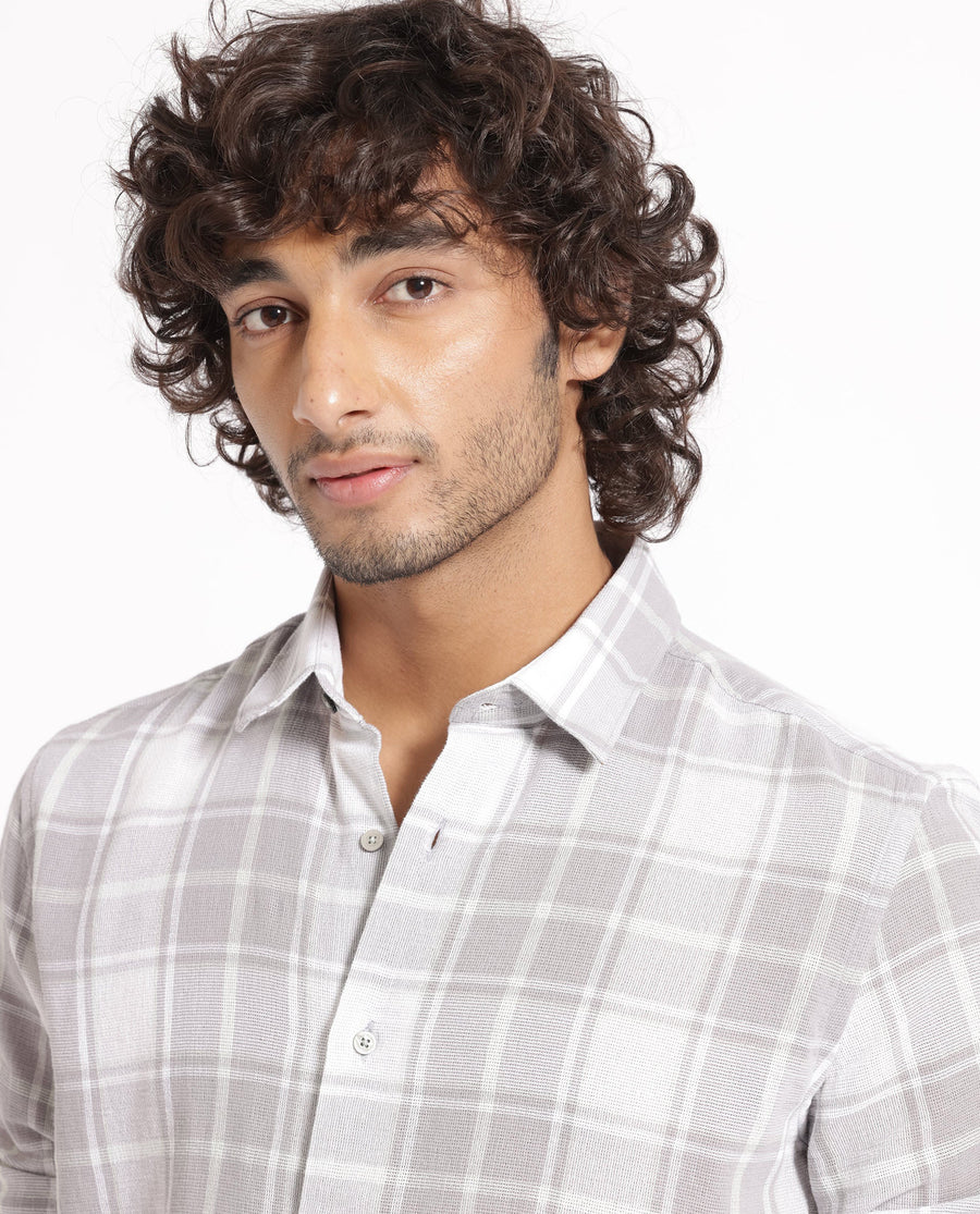 Rare Rabbit Men's Tropea Light Grey Cotton Checked Print Regular Fit Full Sleeve Collared Shirt