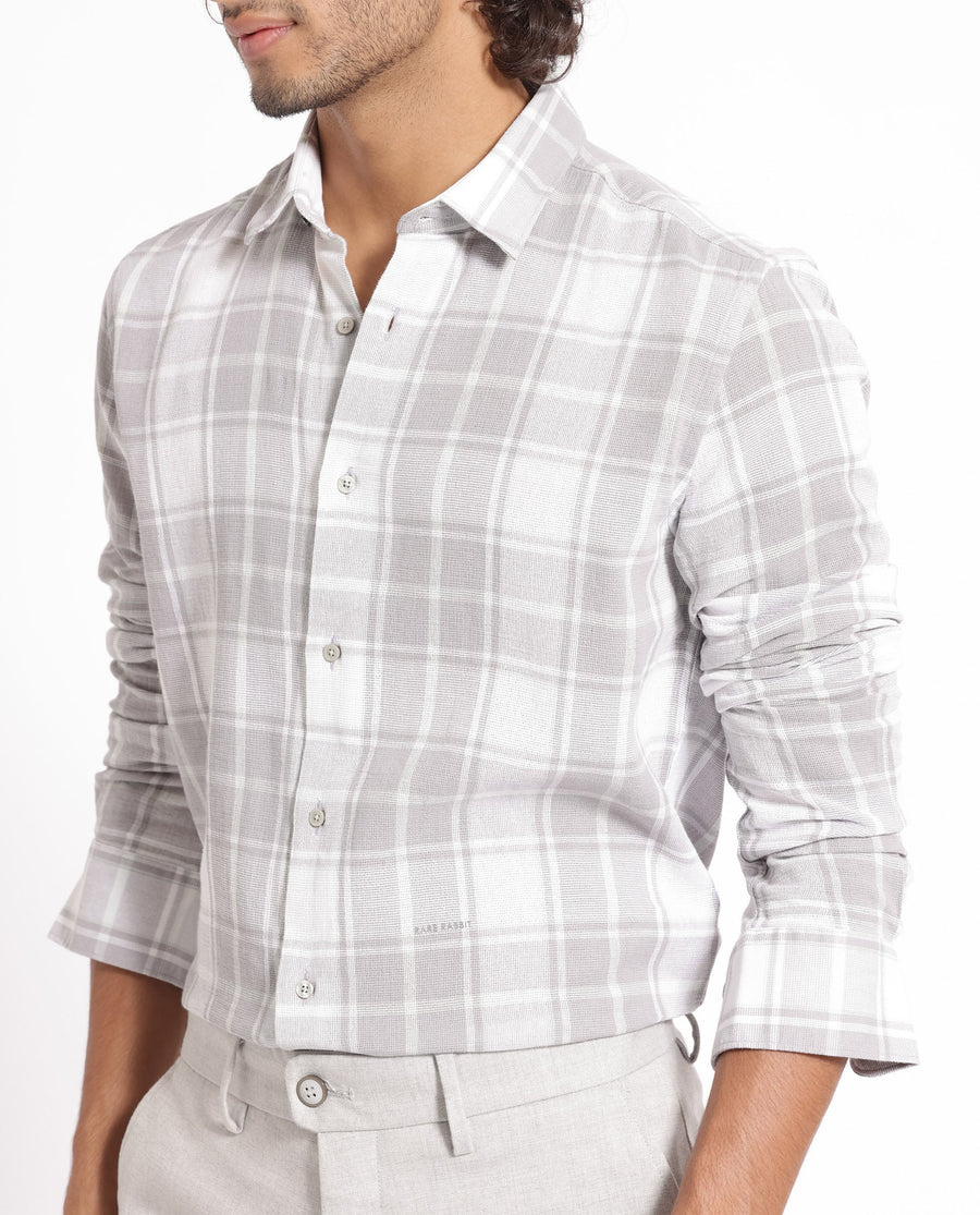 Rare Rabbit Men's Tropea Light Grey Cotton Checked Print Regular Fit Full Sleeve Collared Shirt