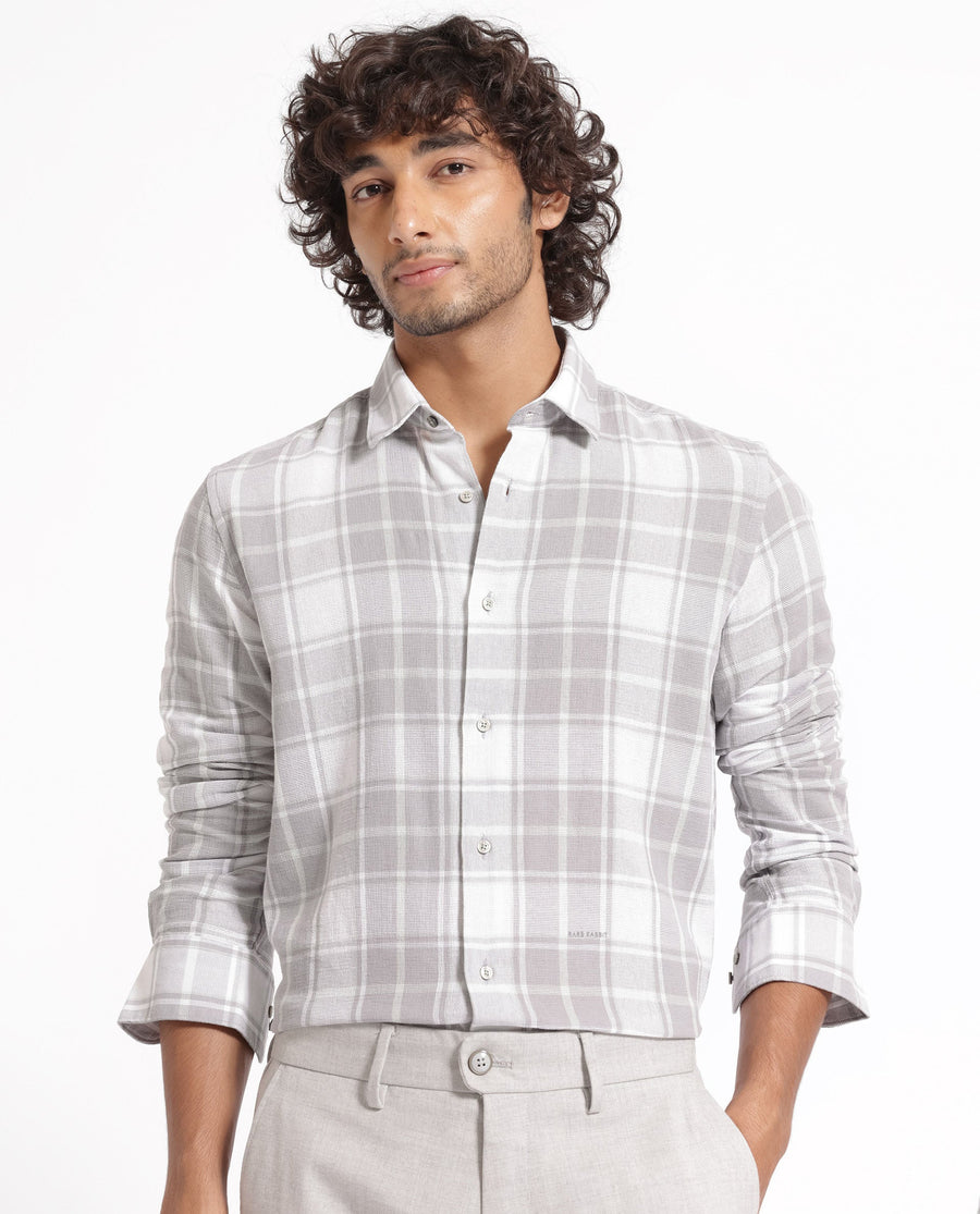 Rare Rabbit Men's Tropea Light Grey Cotton Checked Print Regular Fit Full Sleeve Collared Shirt