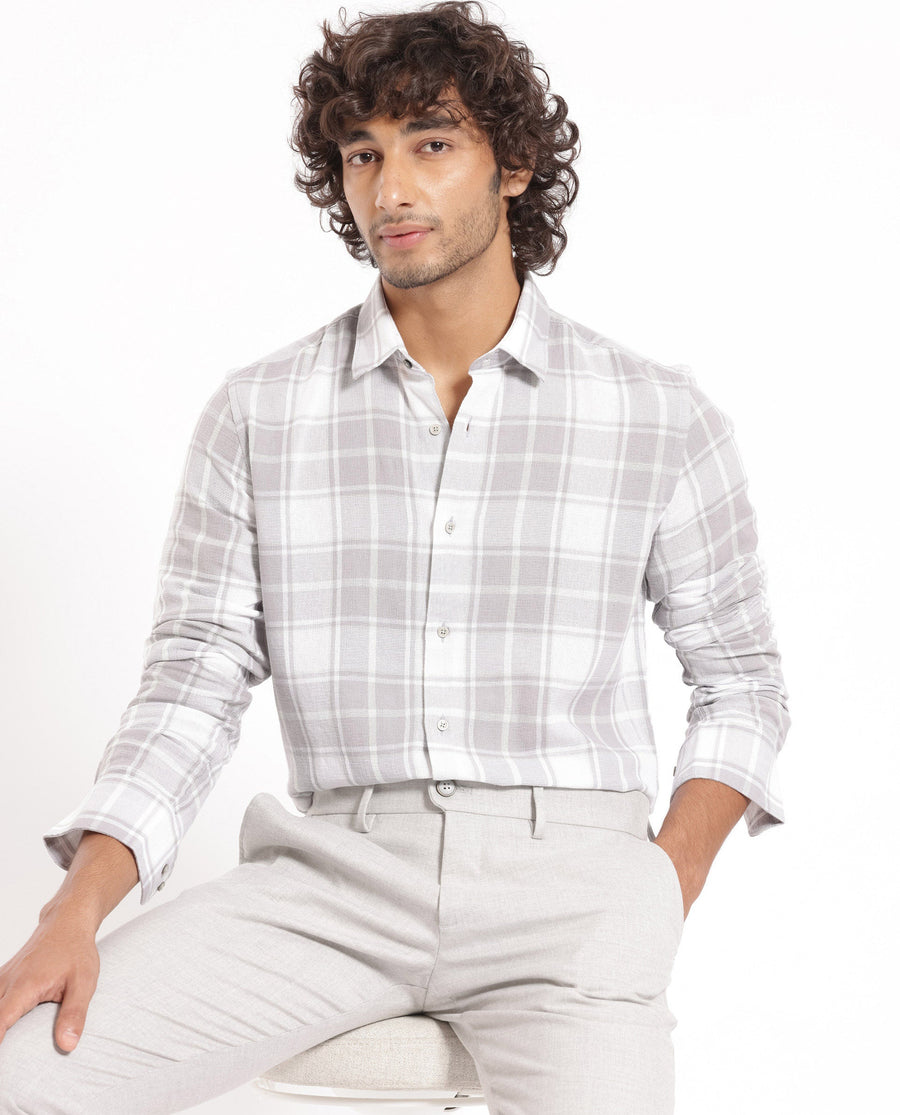 Rare Rabbit Men's Tropea Light Grey Cotton Checked Print Regular Fit Full Sleeve Collared Shirt