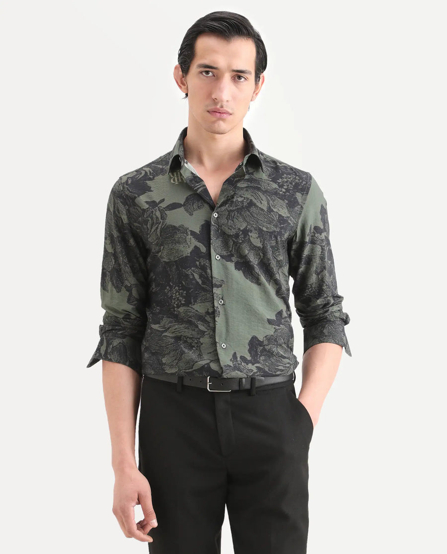 Rare Rabbit Men's Trops Dark Olive Viscose Blend Fabric Collared Neck Regular Floral Print Shirt