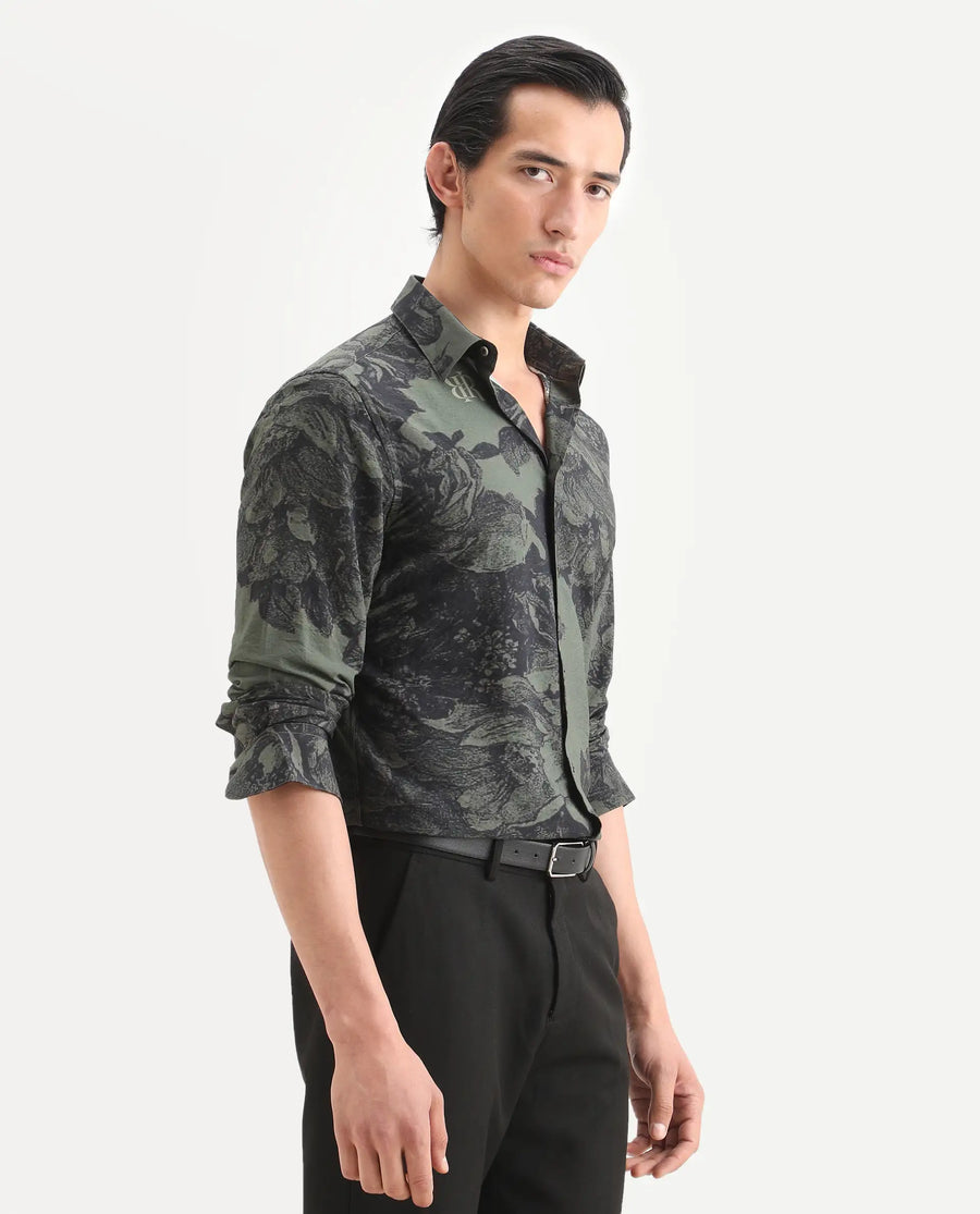 Rare Rabbit Men's Trops Dark Olive Viscose Blend Fabric Collared Neck Regular Floral Print Shirt