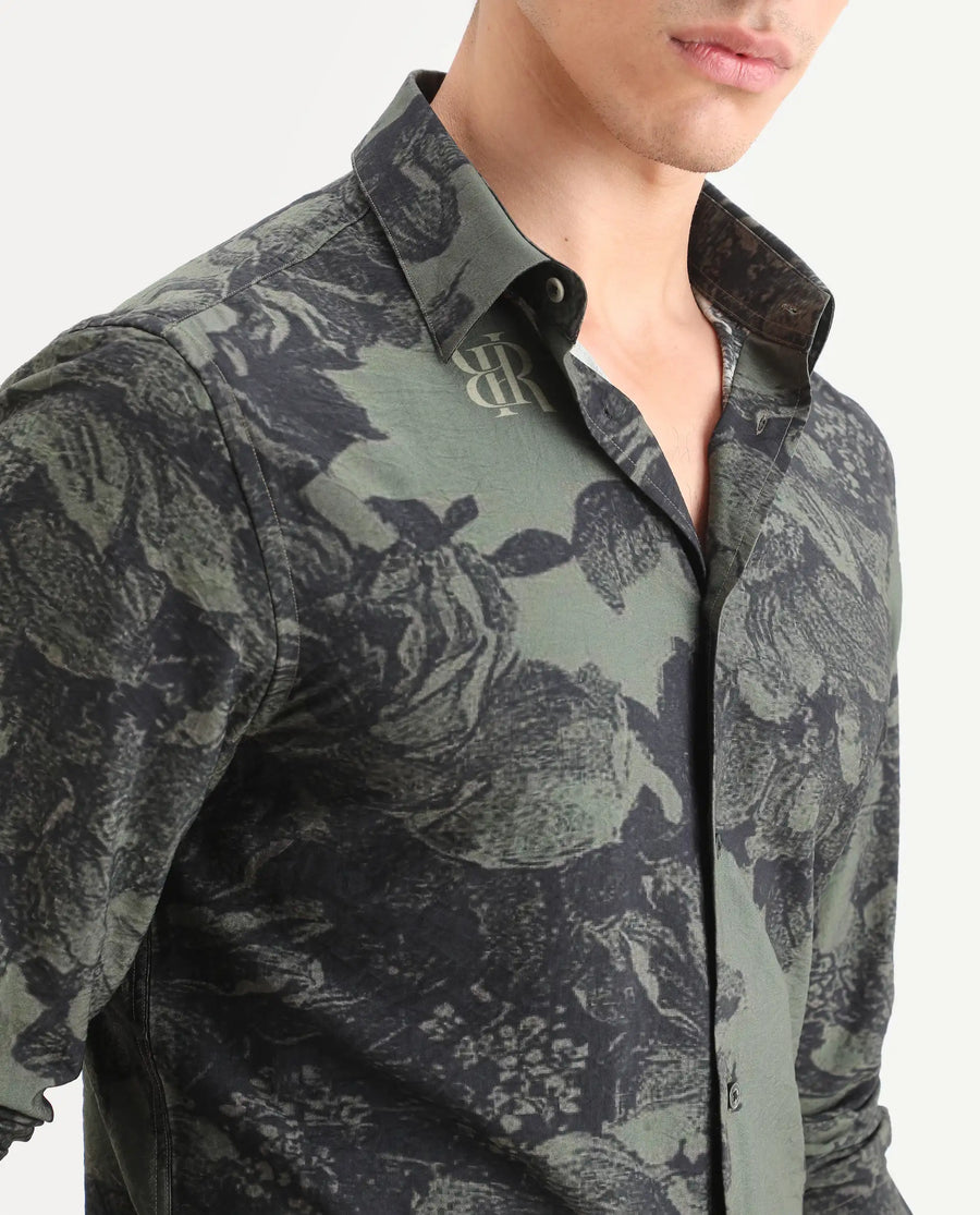 Rare Rabbit Men's Trops Dark Olive Viscose Blend Fabric Collared Neck Regular Floral Print Shirt