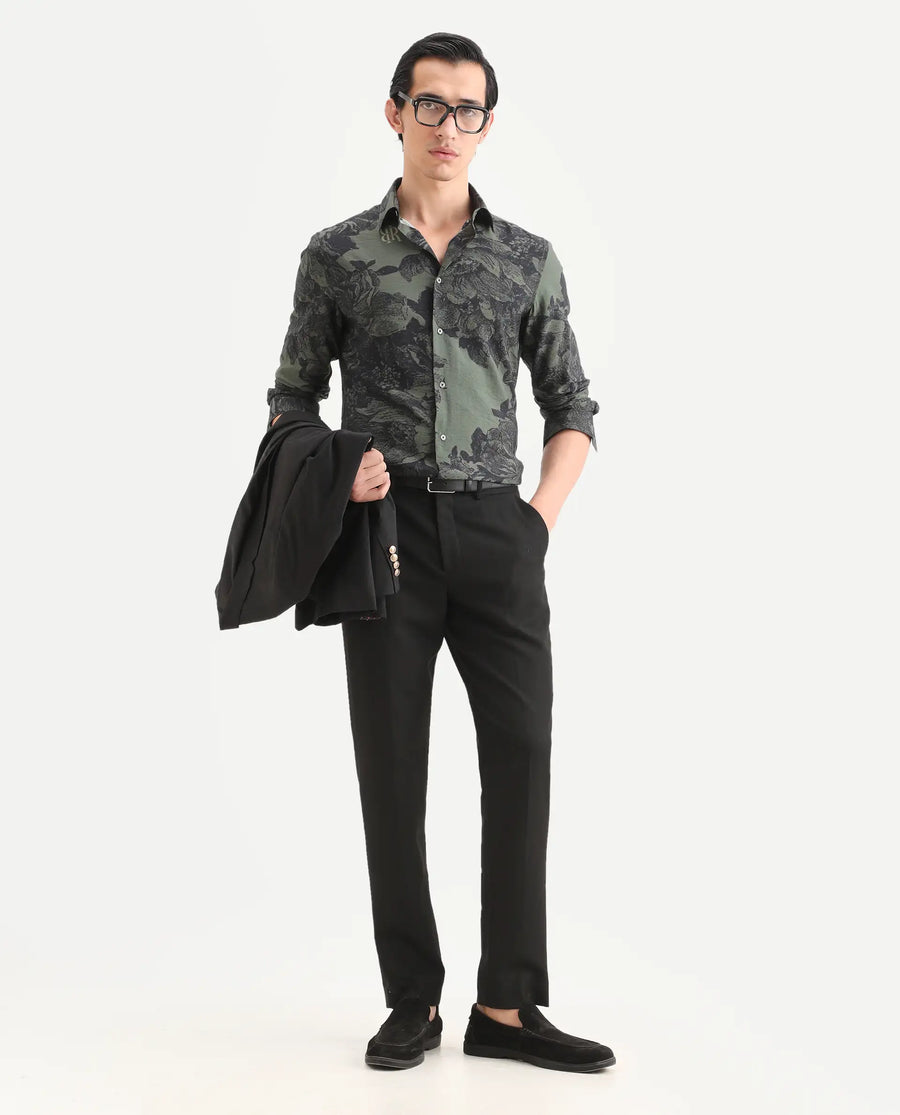 Rare Rabbit Men's Trops Dark Olive Viscose Blend Fabric Collared Neck Regular Floral Print Shirt