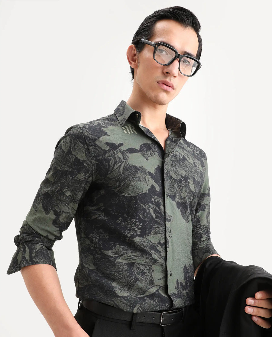 Rare Rabbit Men's Trops Dark Olive Viscose Blend Fabric Collared Neck Regular Floral Print Shirt