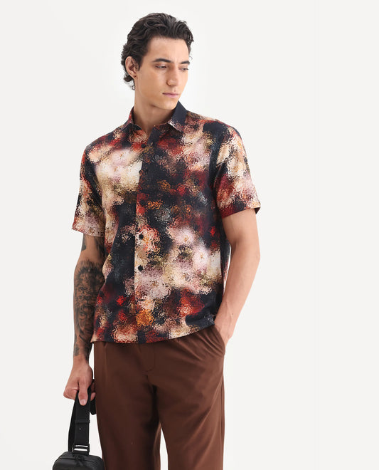 Rare Rabbit Men's Trou Black Viscose Blend Fabric Collared Neck Regular Fit Abstract Print Shirt