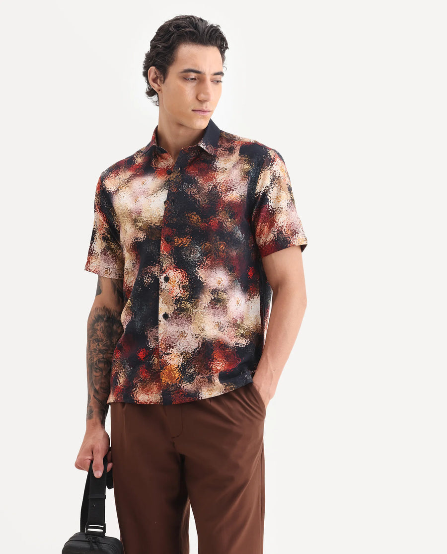 Rare Rabbit Men's Trou Black Viscose Blend Fabric Collared Neck Regular Fit Abstract Print Shirt