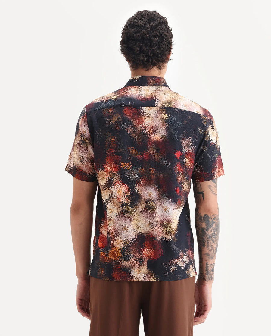 Rare Rabbit Men's Trou Black Viscose Blend Fabric Collared Neck Regular Fit Abstract Print Shirt