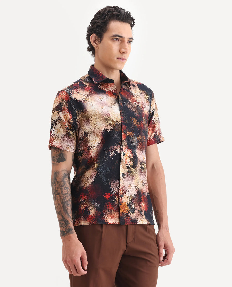 Rare Rabbit Men's Trou Black Viscose Blend Fabric Collared Neck Regular Fit Abstract Print Shirt