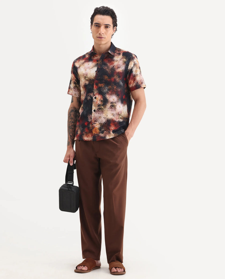 Rare Rabbit Men's Trou Black Viscose Blend Fabric Collared Neck Regular Fit Abstract Print Shirt