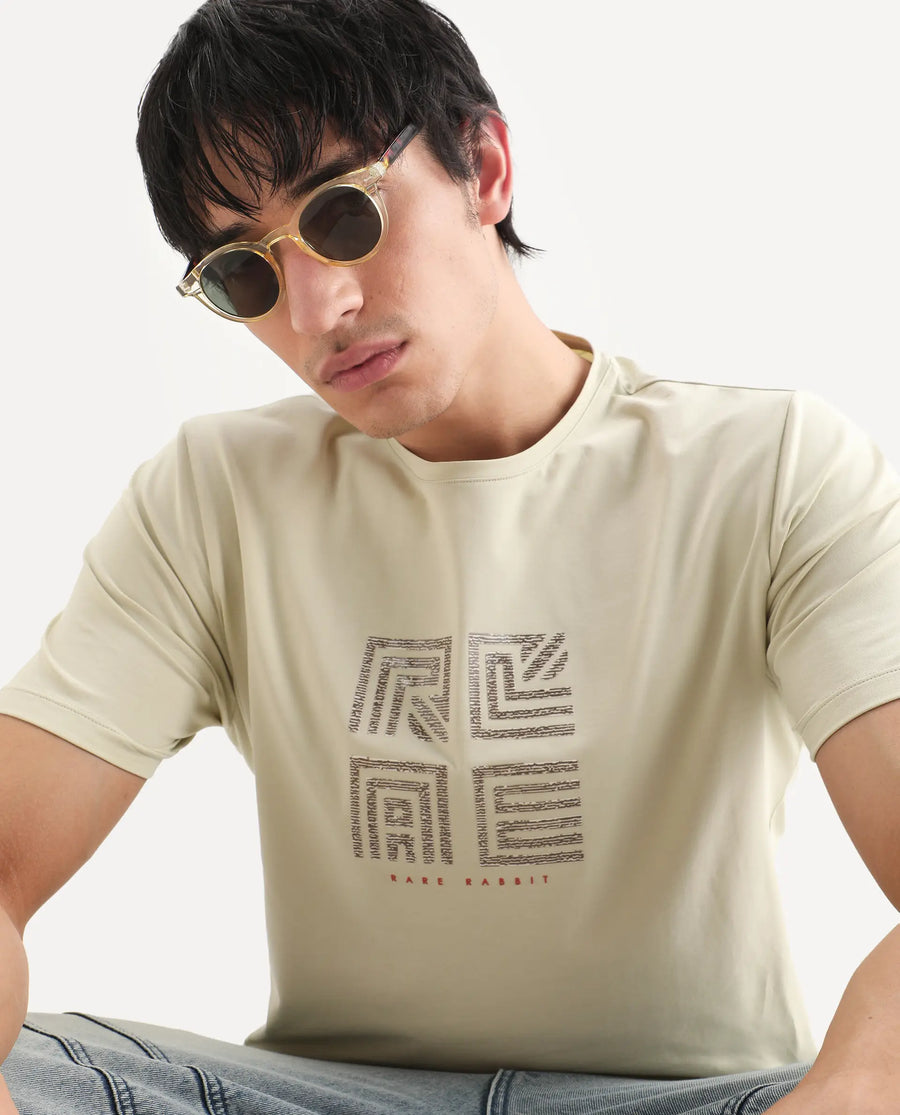 Rare Rabbit Men's Trov Pastel Green Cotton Blend Fabric Half Sleeve Crew Neck Regular Fit Graphic Print T-Shirt