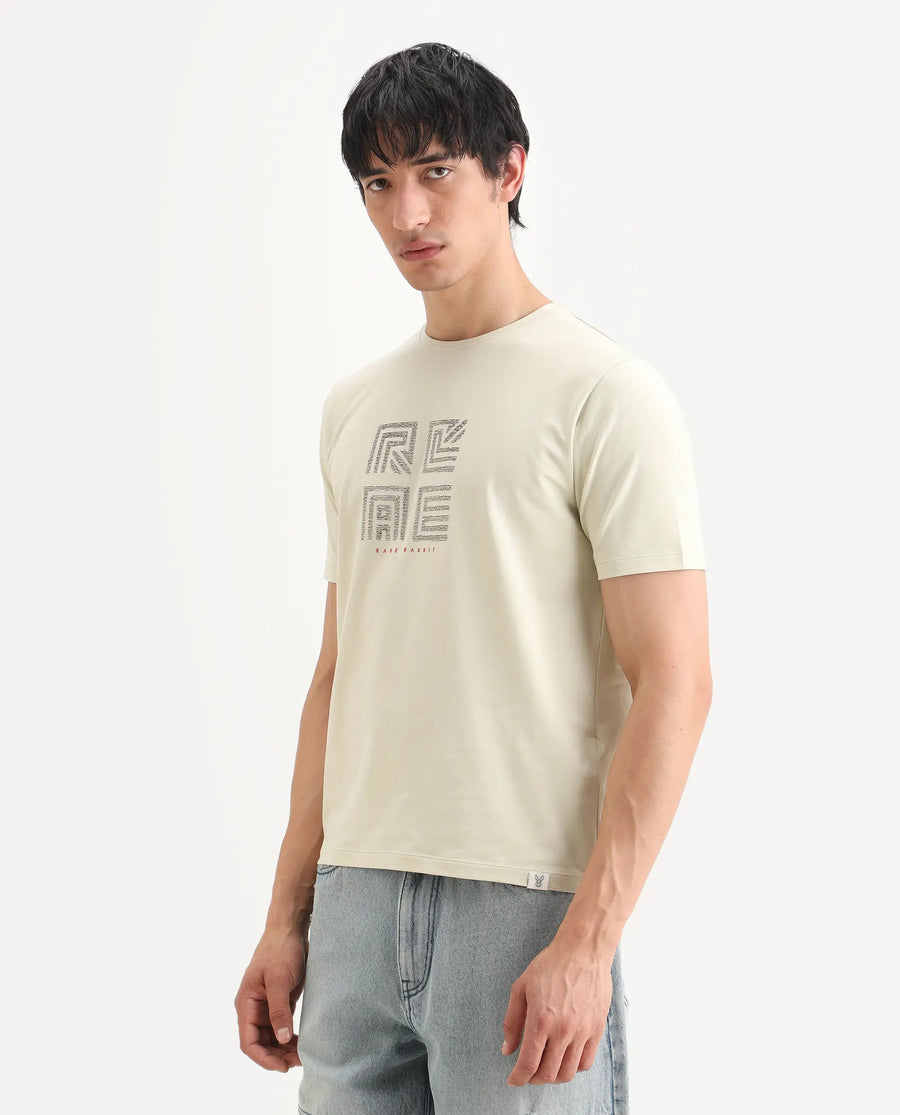 Rare Rabbit Men's Trov Pastel Green Cotton Blend Fabric Half Sleeve Crew Neck Regular Fit Graphic Print T-Shirt