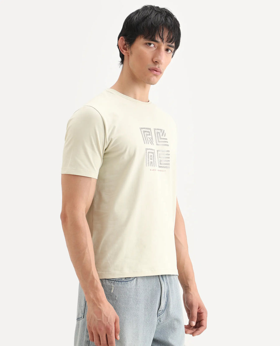 Rare Rabbit Men's Trov Pastel Green Cotton Blend Fabric Half Sleeve Crew Neck Regular Fit Graphic Print T-Shirt