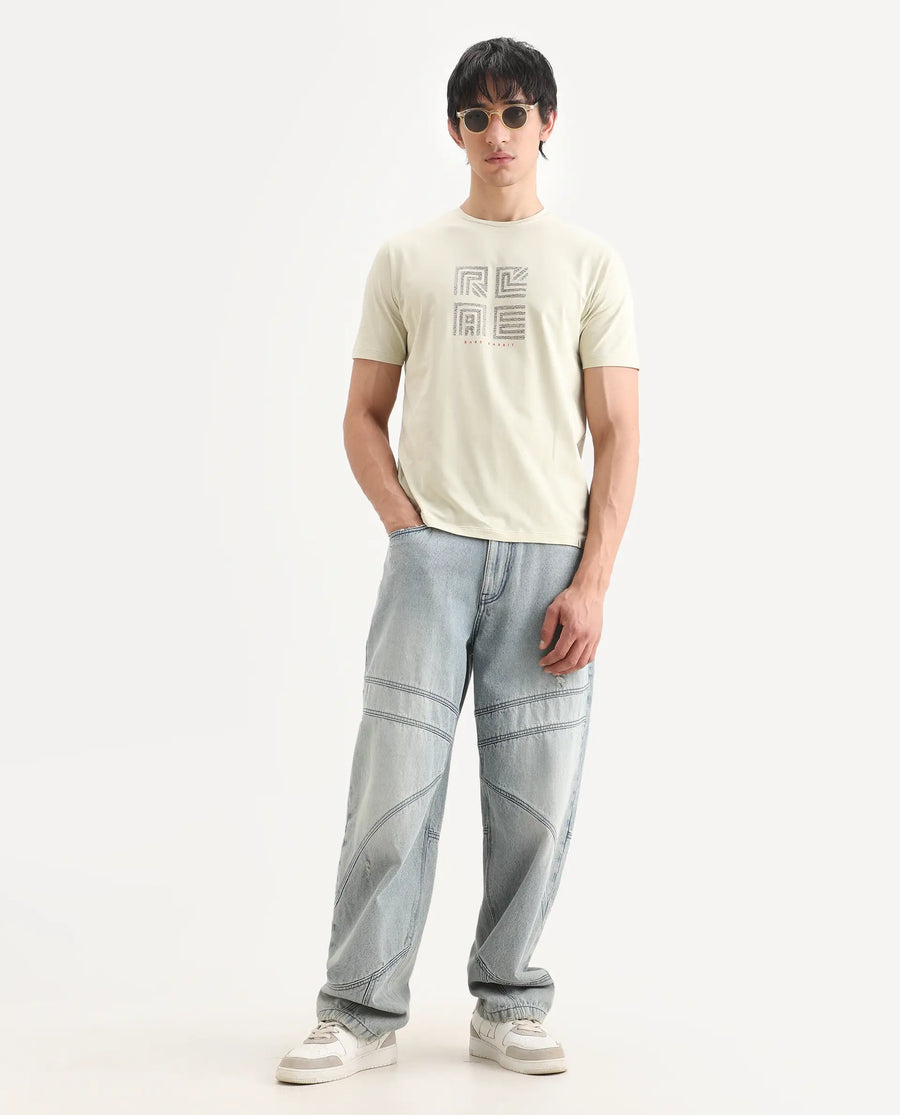 Rare Rabbit Men's Trov Pastel Green Cotton Blend Fabric Half Sleeve Crew Neck Regular Fit Graphic Print T-Shirt