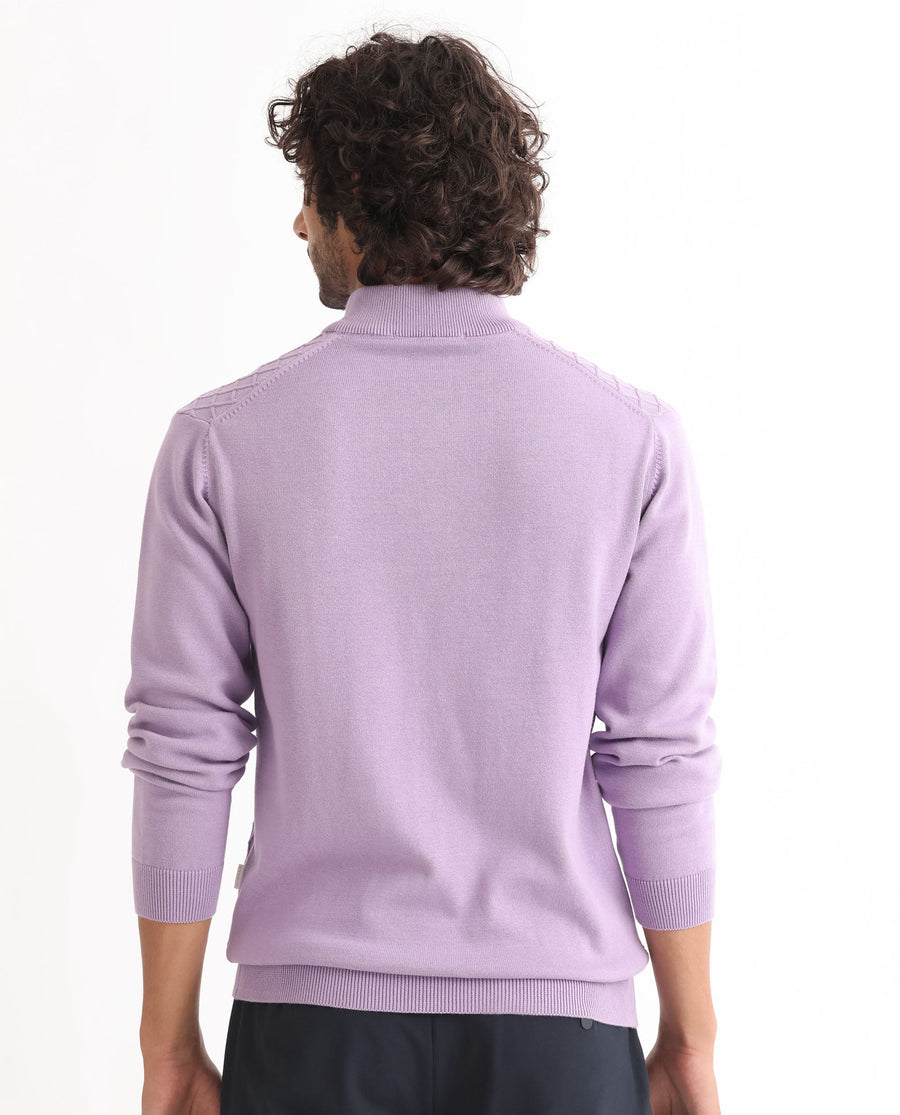 Rare Rabbit Men's Troyo Pastel Purple Cotton Textured Relaxed Fit Full Sleeve High Neck Sweater
