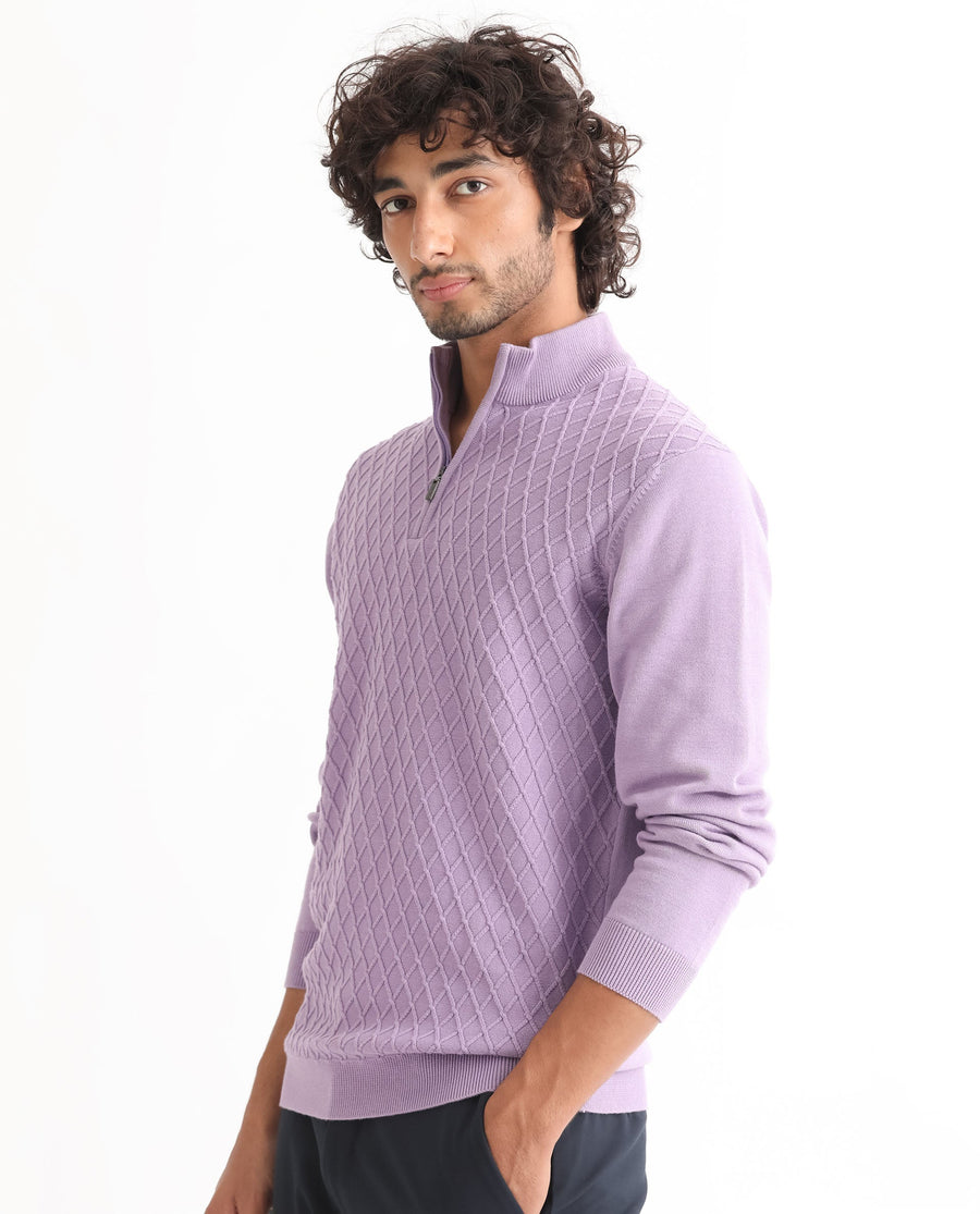 Rare Rabbit Men's Troyo Pastel Purple Cotton Textured Relaxed Fit Full Sleeve High Neck Sweater