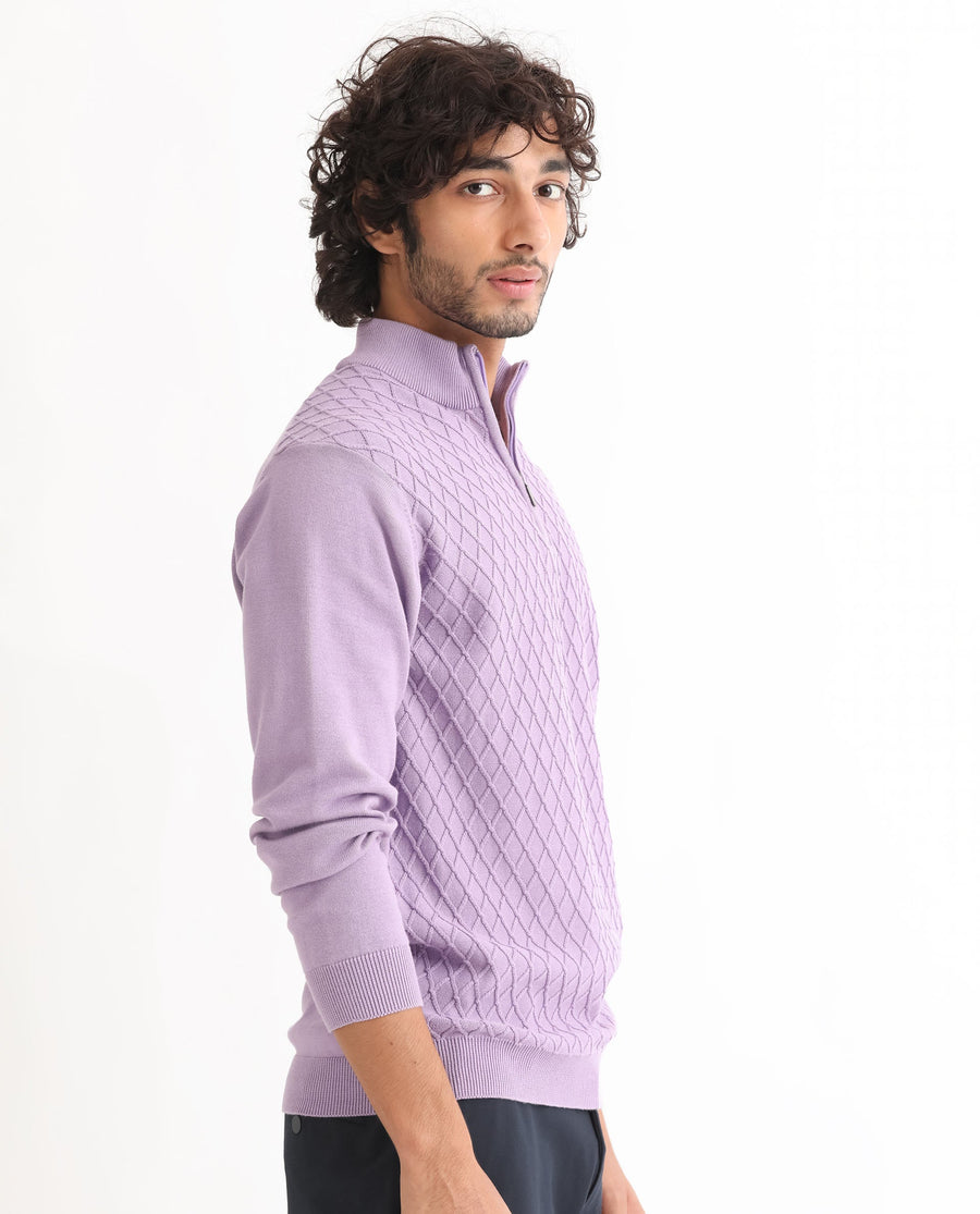 Rare Rabbit Men's Troyo Pastel Purple Cotton Textured Relaxed Fit Full Sleeve High Neck Sweater