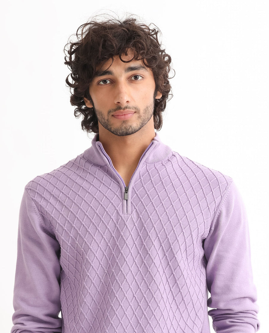 Rare Rabbit Men's Troyo Pastel Purple Cotton Textured Relaxed Fit Full Sleeve High Neck Sweater