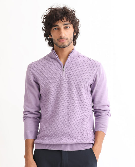 Rare Rabbit Men's Troyo Pastel Purple Cotton Textured Relaxed Fit Full Sleeve High Neck Sweater