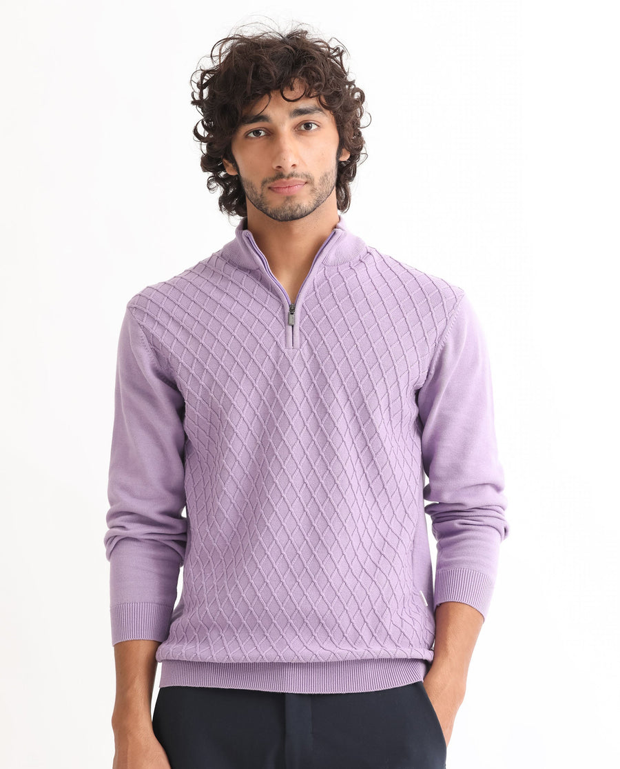 Rare Rabbit Men's Troyo Pastel Purple Cotton Textured Relaxed Fit Full Sleeve High Neck Sweater