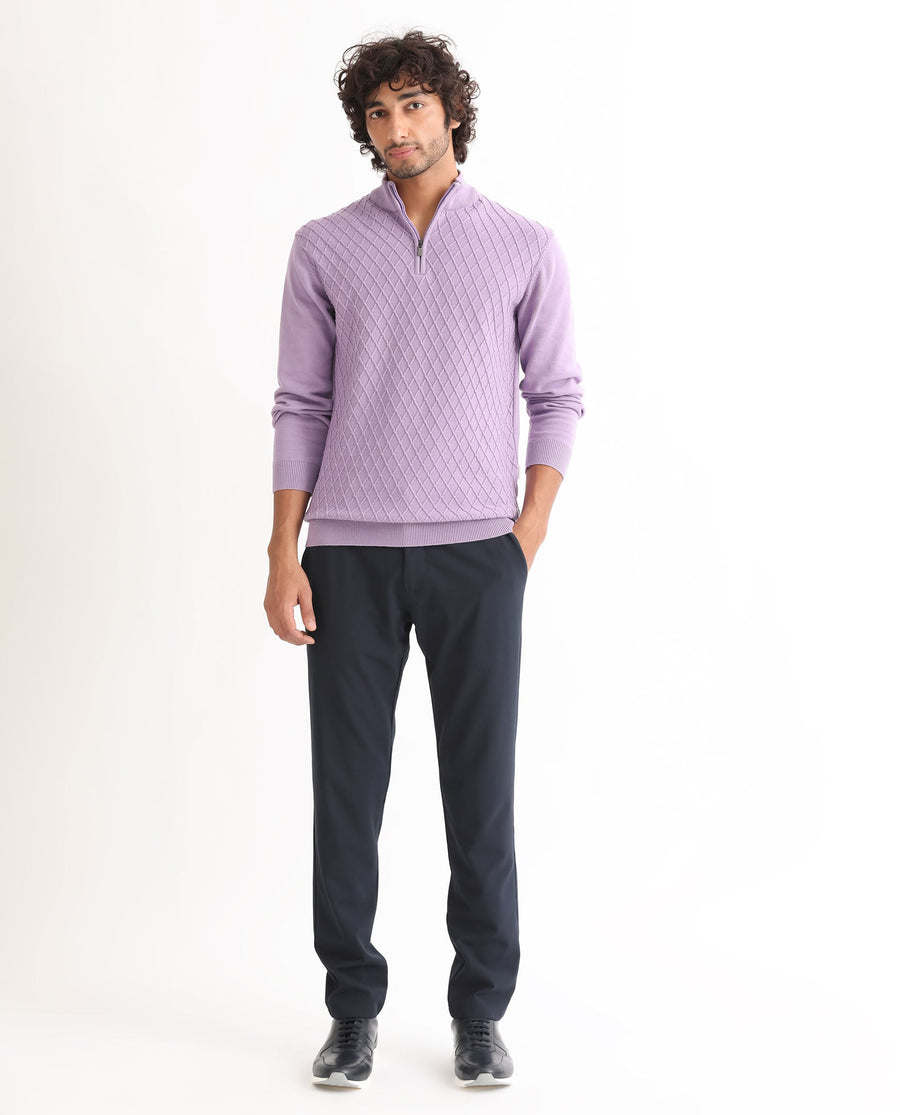 Rare Rabbit Men's Troyo Pastel Purple Cotton Textured Relaxed Fit Full Sleeve High Neck Sweater