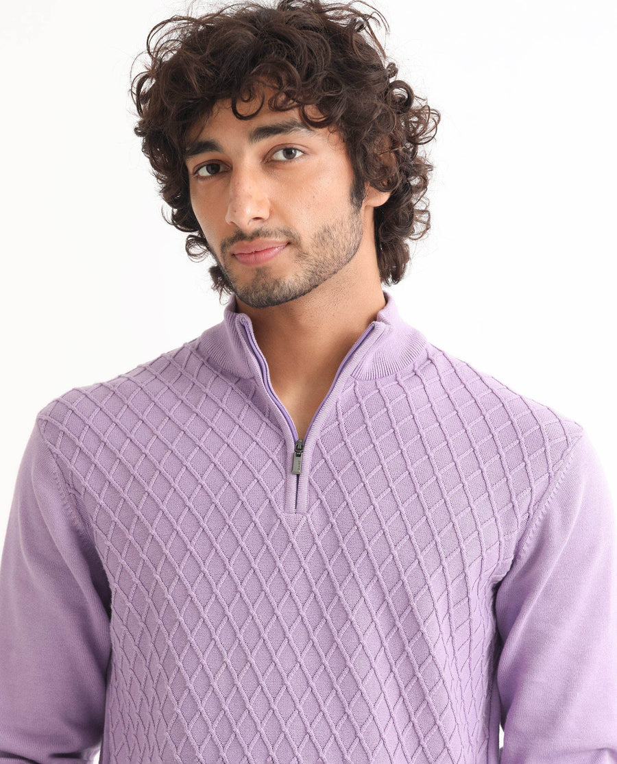 Rare Rabbit Men's Troyo Pastel Purple Cotton Textured Relaxed Fit Full Sleeve High Neck Sweater