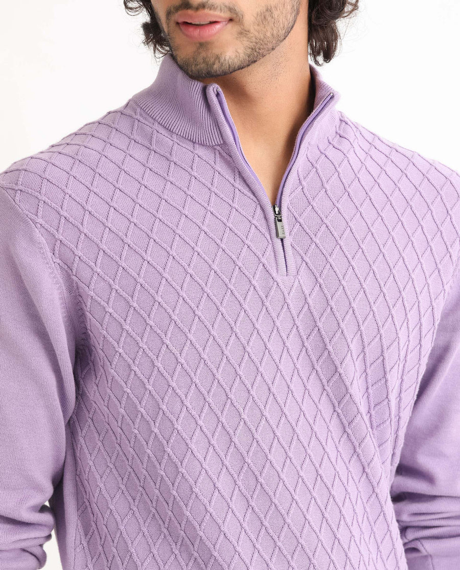 Rare Rabbit Men's Troyo Pastel Purple Cotton Textured Relaxed Fit Full Sleeve High Neck Sweater
