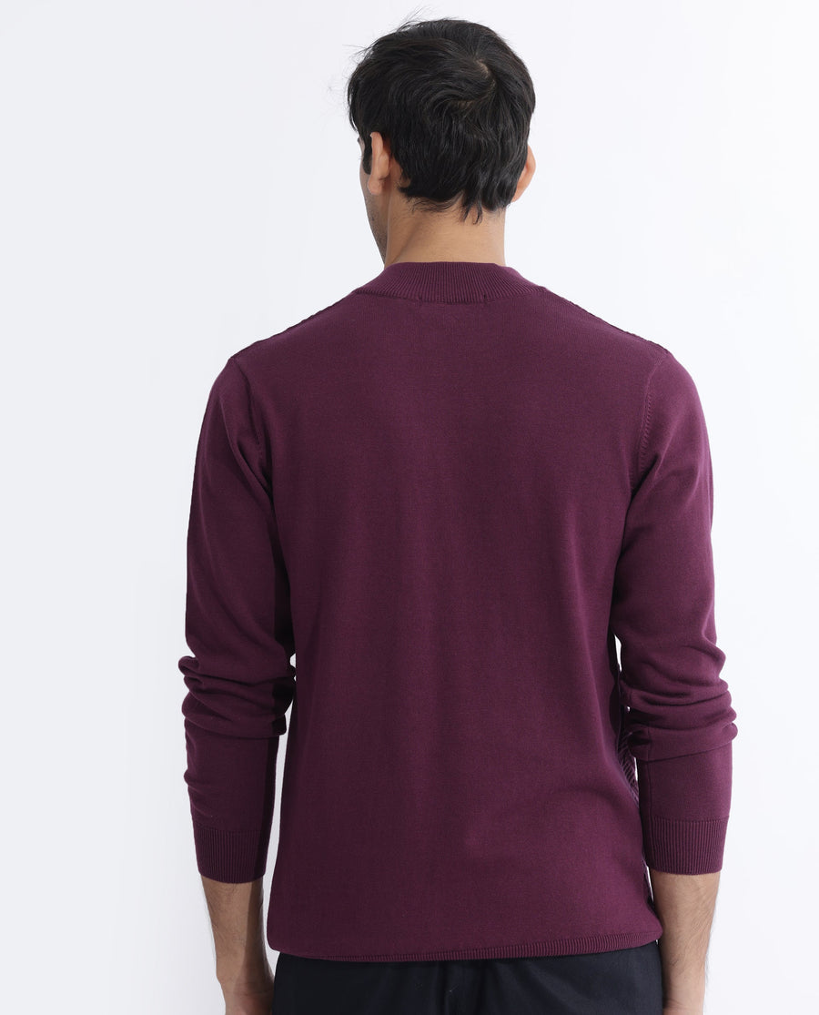 Rare Rabbit Men's Troyo Maroon Cotton Textured Relaxed Fit Full Sleeve High Neck Sweater