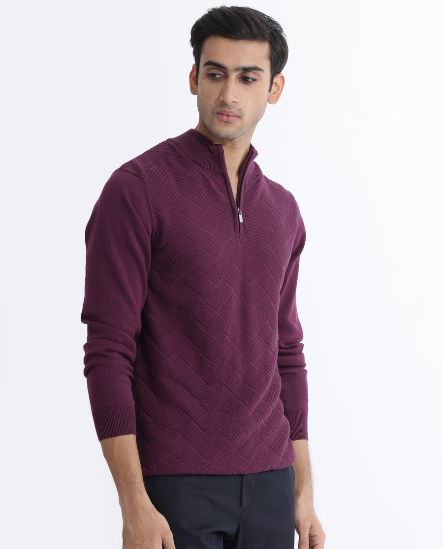 Rare Rabbit Men's Troyo Maroon Cotton Textured Relaxed Fit Full Sleeve High Neck Sweater