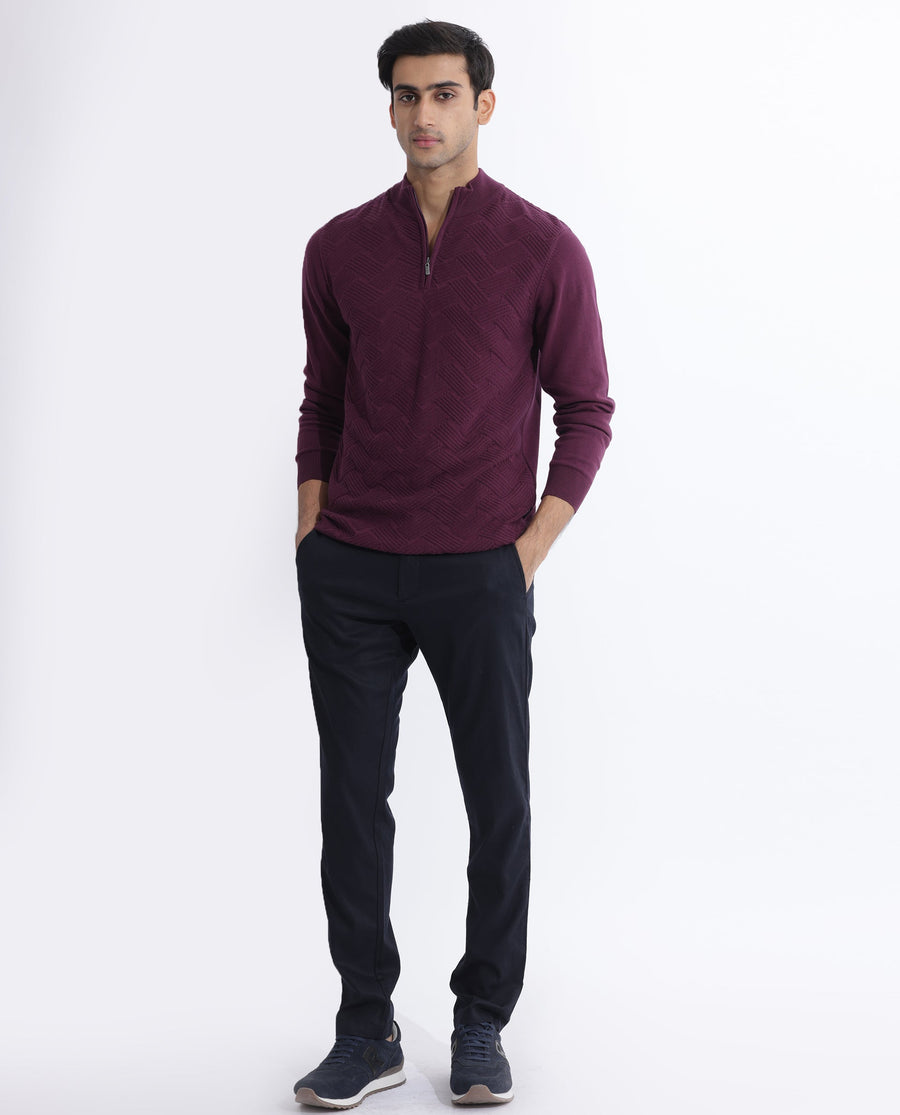 Rare Rabbit Men's Troyo Maroon Cotton Textured Relaxed Fit Full Sleeve High Neck Sweater