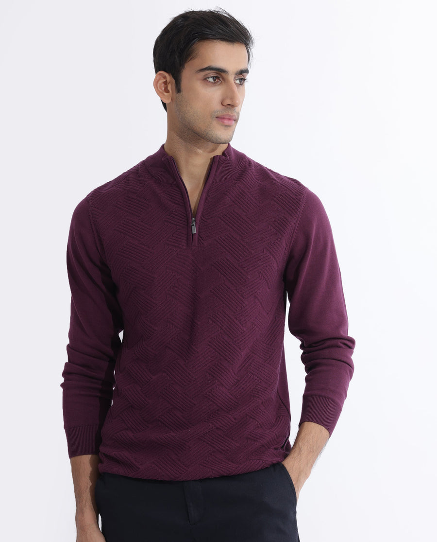 Rare Rabbit Men's Troyo Maroon Cotton Textured Relaxed Fit Full Sleeve High Neck Sweater