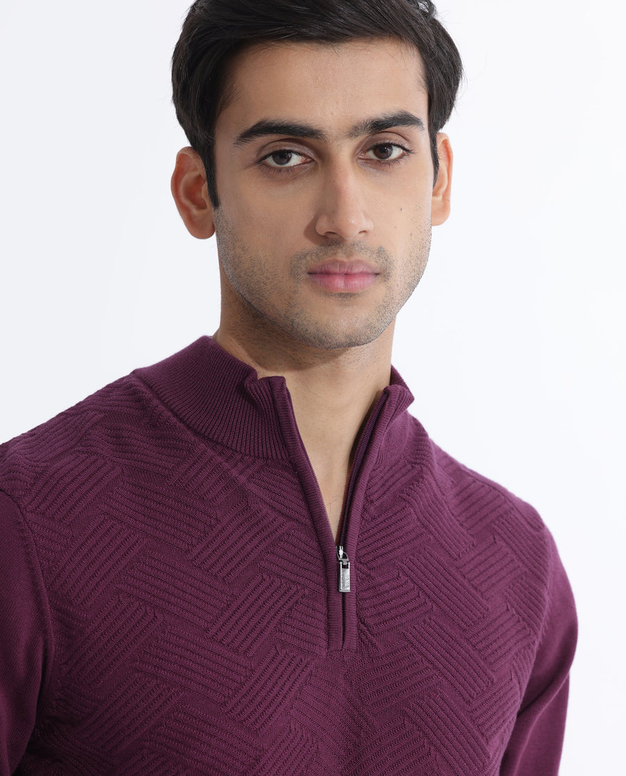 Rare Rabbit Men's Troyo Maroon Cotton Textured Relaxed Fit Full Sleeve High Neck Sweater