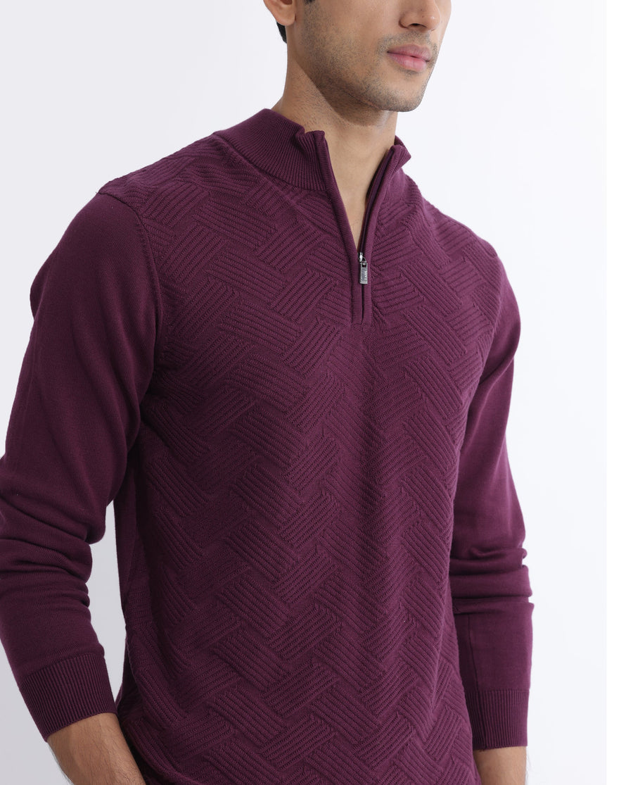 Rare Rabbit Men's Troyo Maroon Cotton Textured Relaxed Fit Full Sleeve High Neck Sweater