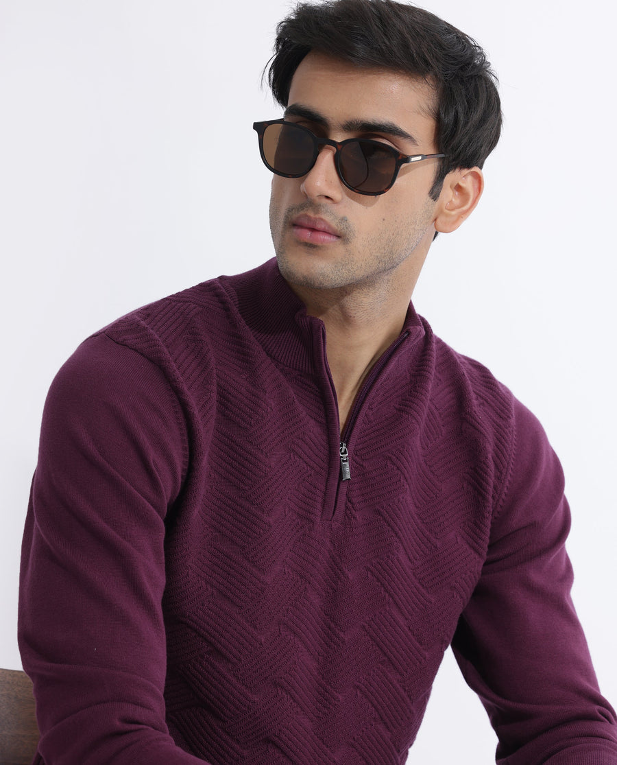 Rare Rabbit Men's Troyo Maroon Cotton Textured Relaxed Fit Full Sleeve High Neck Sweater
