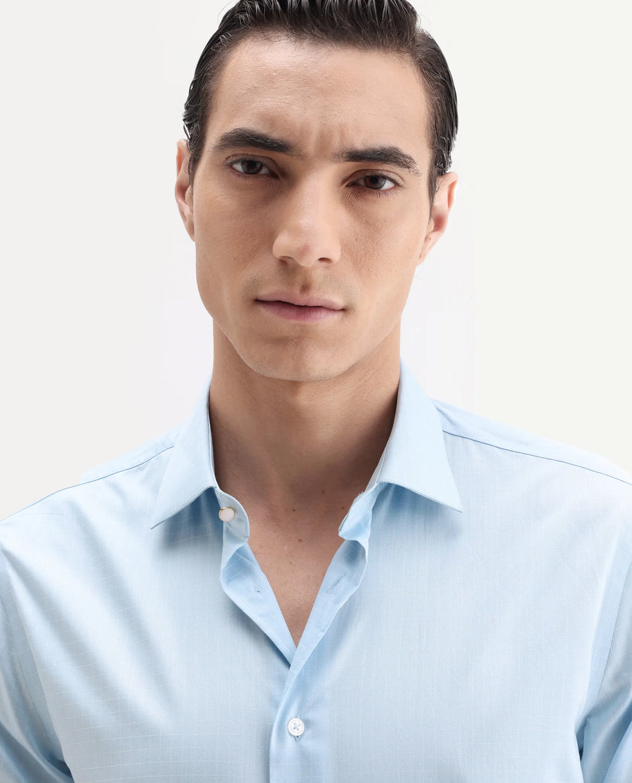 Rare Rabbit Men's Truc Blue Cotton Fabric Full Sleeve Regular Fit Plain Shirt