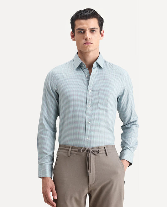Rare Rabbit Men's Tucky Light Blue Cotton Checked Print Regular Fit Full Sleeve Collared Shirt