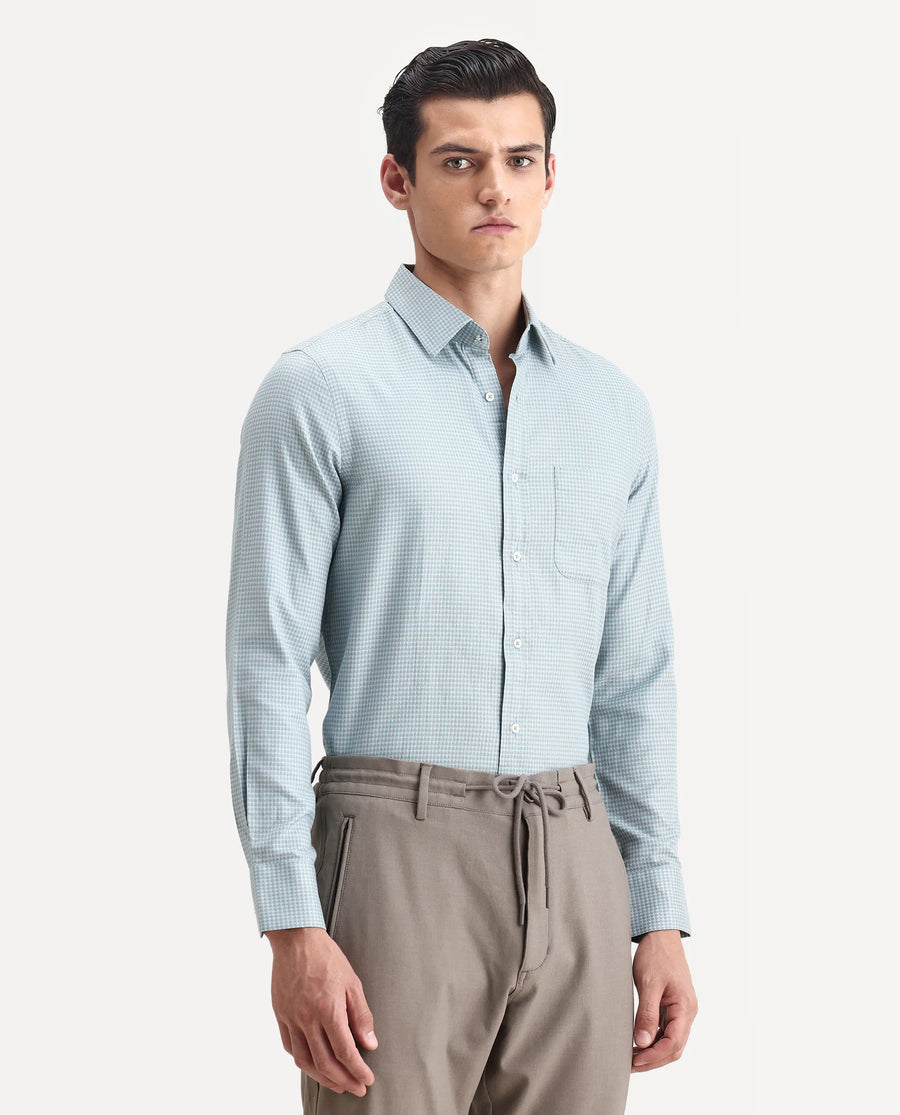 Rare Rabbit Men's Tucky Light Blue Cotton Checked Print Regular Fit Full Sleeve Collared Shirt