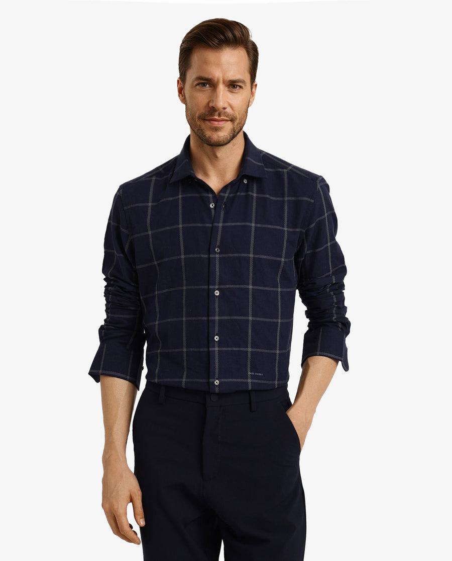 Rare Rabbit Men's Tuffah Dark Navy Cotton Checked Print Regular Fit Full Sleeve Collared Shirt