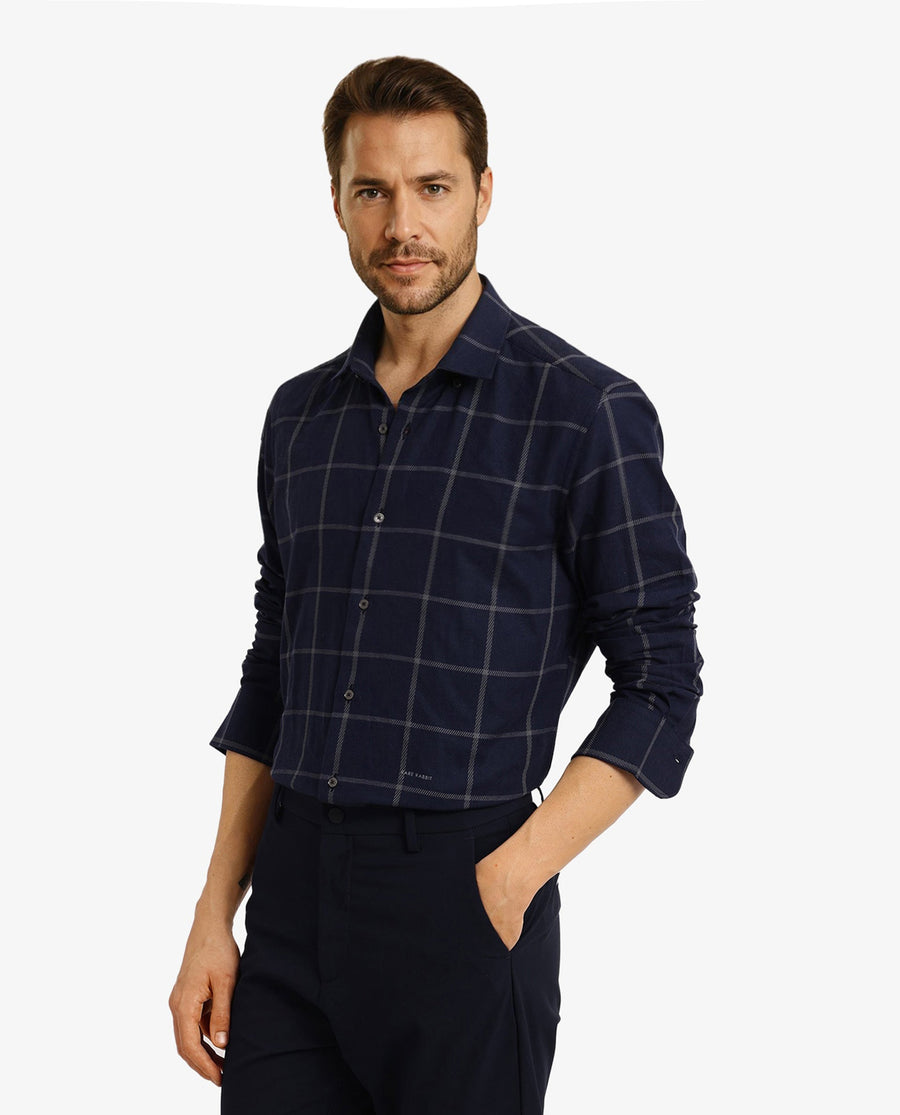 Rare Rabbit Men's Tuffah Dark Navy Cotton Checked Print Regular Fit Full Sleeve Collared Shirt